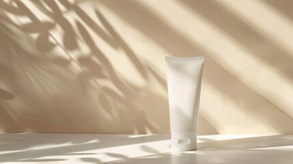 Minimalistic mockup of white tube on gentle warm background with light and shadow Space for copy ideal for beauty blogging and skincare
