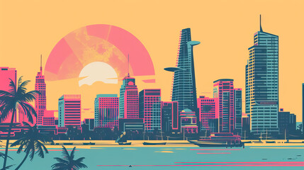 Naklejka premium Risograph riso print travel poster, card, wallpaper or banner illustration, modern, isolated, clear and simple of Ho Chi Minh City, Vietnam. Artistic, screen printing, stencil digital duplication