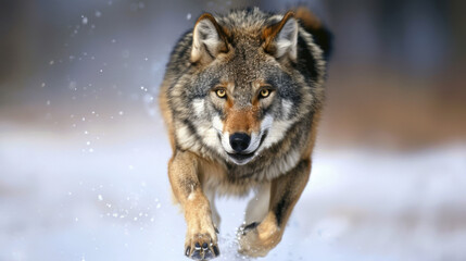 A wolf is running after his victim through the snow,