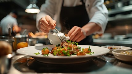 A chef is preparing dishes in the kitchen