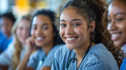 Fototapeta premium A diverse group of female nurse students, smiling and engaged in learning together in the classroom