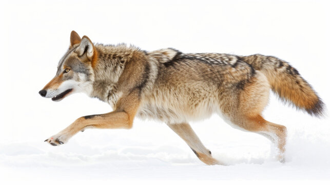 A friendly grey and brown wolf is running through the snow