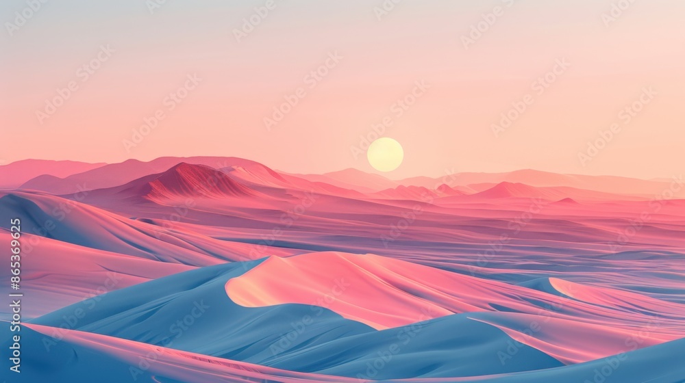Poster a vast desert landscape with minimal elements, featuring endless dunes and a simple, serene backgrou