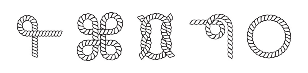 Rope knot vector collection. Braided cord curve set.