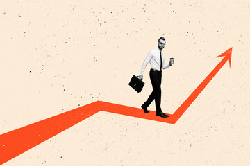 Composite photo collage of serious businessman walk hold briefcase coffee cup arrow up promotion...