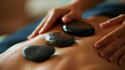 person massaging the back with hot stones. spa concept