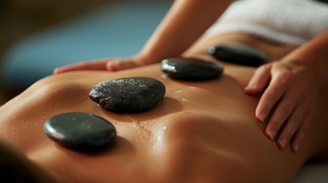 person massaging the back with hot stones. spa concept