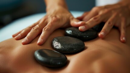 person massaging the back with hot stones. spa concept