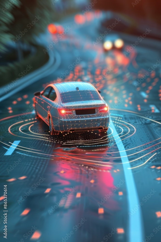 Poster a futuristic car is driving down a busy street with other cars and traffic lights. the car is equipp