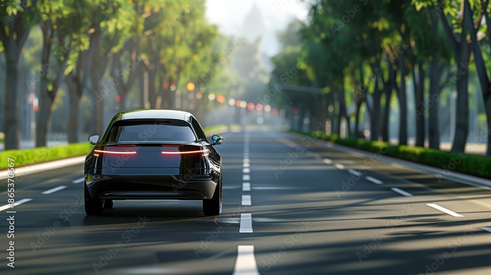 Poster a futuristic car is driving down a busy street with other cars and traffic lights. the car is equipp