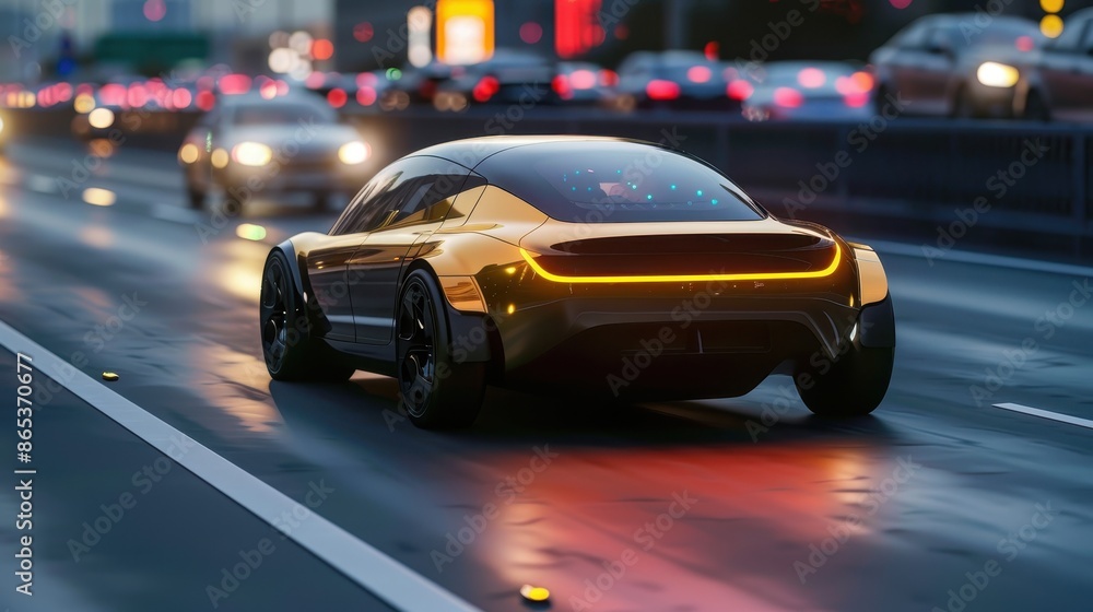 Poster a futuristic car is driving down a busy street with other cars and traffic lights. the car is equipp