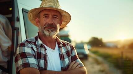 Fototapeta premium A portrait of a middle aged farmer standing in front of his van with arms crossed