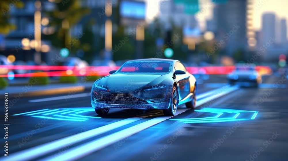 Poster a futuristic car is driving down a busy street with other cars and traffic lights. the car is equipp