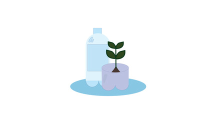 Seedling with growing foliage in plastic bottle, idea for growing seedlings at home from plastic drink bottle, plastic recycling and respect for the environment