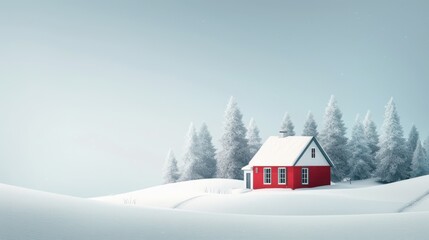 Fototapeta premium Minimalist winter cabin scene, with a focus on geometric simplicity and serene, snowy surroundings.