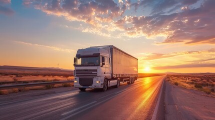 White semi-truck on a highway during sunset with a dramatic sky and scenic landscape in the background.