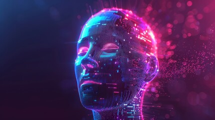 Fototapeta premium Artificial Intelligence and Virtual Reality concept. 3D human head made of pixels in neon holographic vivid colors on dark background. Vaporwave and Synthwave style illustration