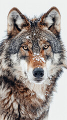 Fototapeta premium A wolf with a snow covered face nose is staring at the camera