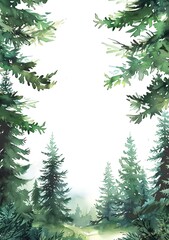 Fototapeta premium Watercolor green forest frame with pine trees isolated on white background, hand drawn border for wedding invitation card, white space in center of page