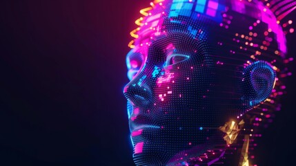 Artificial Intelligence and Virtual Reality concept. 3D human head made of pixels in neon holographic vivid colors on dark background. Vaporwave and Synthwave style illustration