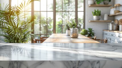 Bright and airy modern kitchen featuring a marble countertop, large windows, and lush green plants, creating a fresh and inviting atmosphere.