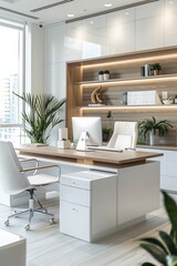 A bright, modern office space featuring white furniture, wooden accents, and ample natural light, perfect for productivity and inspiration.