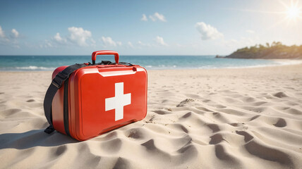 First aid kit and medical emergency equipment on beach sand. Red first aid bag and sea. Injury on summer vacation