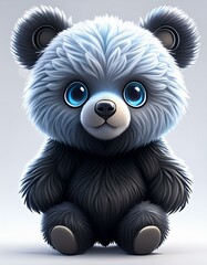 Obraz premium Cute little plush teddy bear with black fur and big blue eyes, sitting.