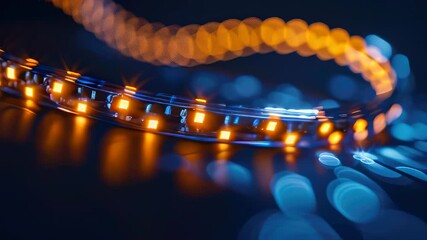 Close-up of illuminated LED strip against dark background with bokeh effect - Powered by Adobe