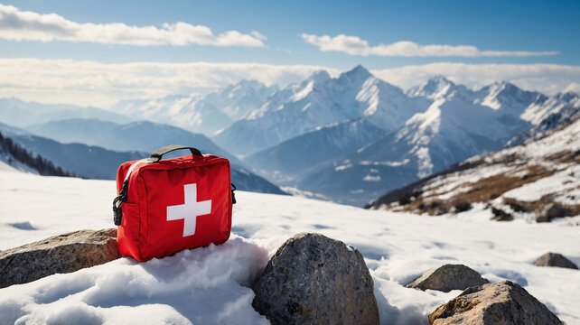 First aid kit and medical emergency equipment in mountains in winter. Red first aid bag on snow. Skiing injury 
