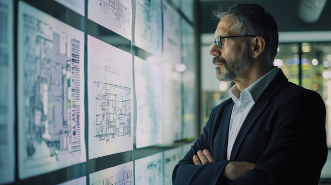 Architect examining digital blueprints on high-tech display screen. Modern architecture and engineering concept. Innovation in construction technology and digital design visualization.