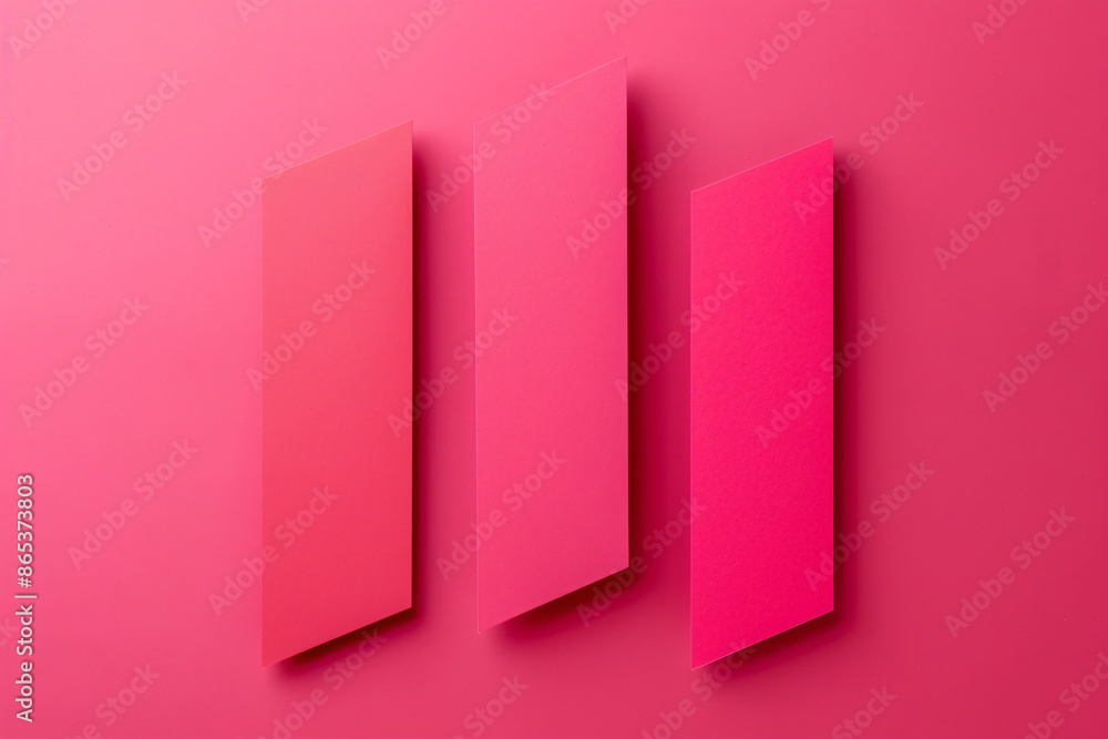 Poster a flat lay of three pink paper sheets arranged at an angle, creating geometric shapes on the solid c
