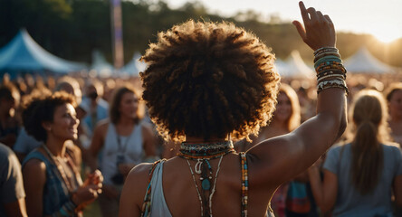 Woman enjoying summer outdoor music festival with crowd of people. Woman wearing boho outfit at summer concert