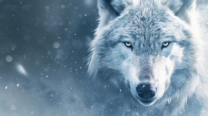 A white wolf with its eyes open and staring at the camera