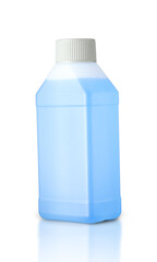 container with blue washing machine cleaning liquid