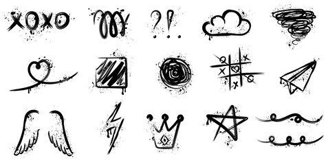Street Graffiti Spray Paint Elements, Graffiti Doodle Elements Set, Scribble, Black Spray, Grunge Texture, Dirty Doodle Collection, Hand Drawing