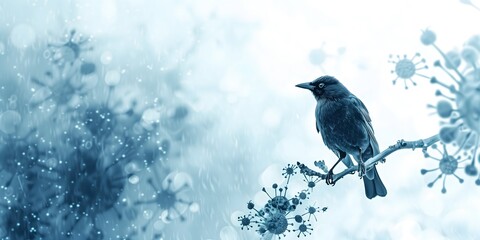 Fototapeta premium water color Bird on branch with virus dots on background, bird flu awareness 