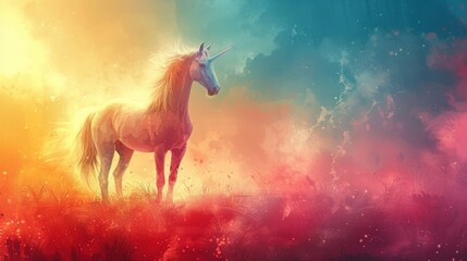 Watercolor painting of a whimsical unicorn, copy space banner, vintage background