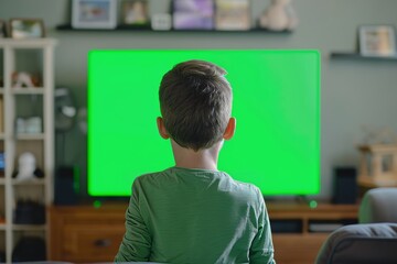 Digital mockup over a shoulder of a teen boy in front of an smart-tv with an entirely green screen