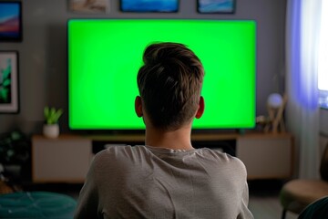 Digital mockup over a shoulder of a teen boy in front of an smart-tv with an entirely green screen