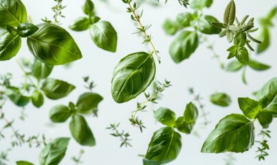 Fototapeta premium An assortment of fresh herbs like basil, rosemary, and thyme floating in mid-air with a white background
