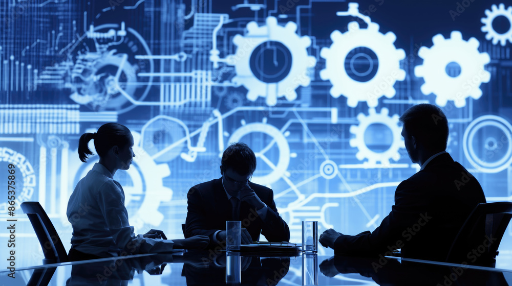 Aufkleber business team discussing engineering projects with digital gears background. innovative business tec