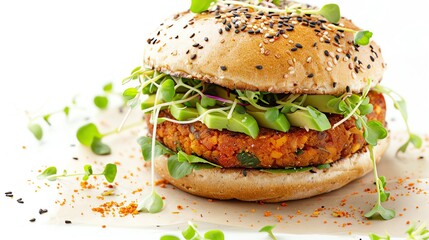 A healthy veggie burger with fresh avocado, sprouts, and a whole grain bun, displayed on a pristine white background, ideal for promoting nutritious burger alternatives