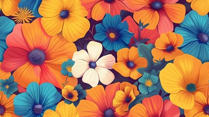 Vibrant Floral Pattern of Colorful Blooming Flowers Against Textured Background