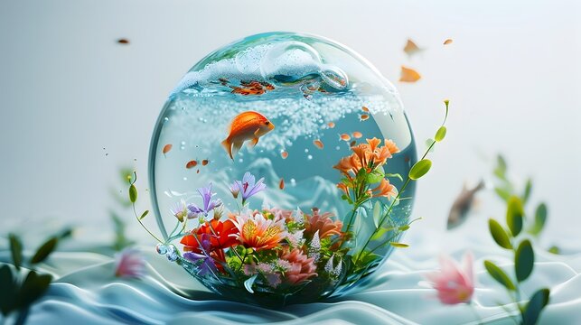 Enchanting Miniature Ecosystem in Glass Terrarium with Aquatic Plants and Fish