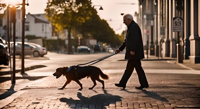 Senior man with an assistance dog or guide dog.