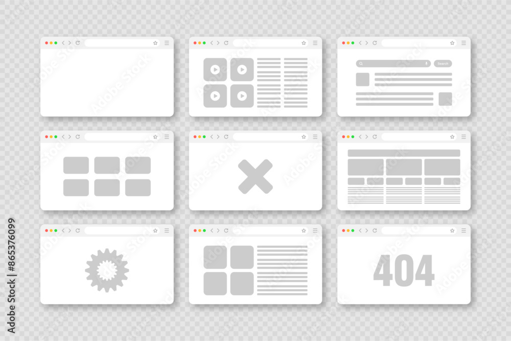 Poster web browser window, pages layout with toolbar and search field. modern website, internet page in fla