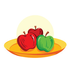 Red and green apple fruits on yellow plate vector drawing illustration isolated on square white background. Simple flat cartoon art styled food drawing.