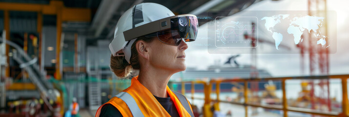 Virtual reality glasses, VR hololens for digital factory production technology showing automation manufacturing process of the Industry 4.0 industrial revolution and IOT software to control operation