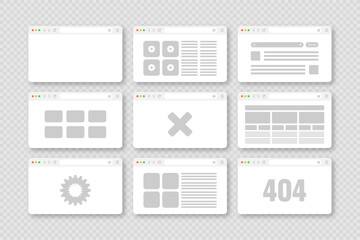 Web browser window, pages layout with toolbar and search field. Modern website, internet page in flat style. Browser mockup for computer, tablet and smartphone. Adaptive UI. Vector illustration